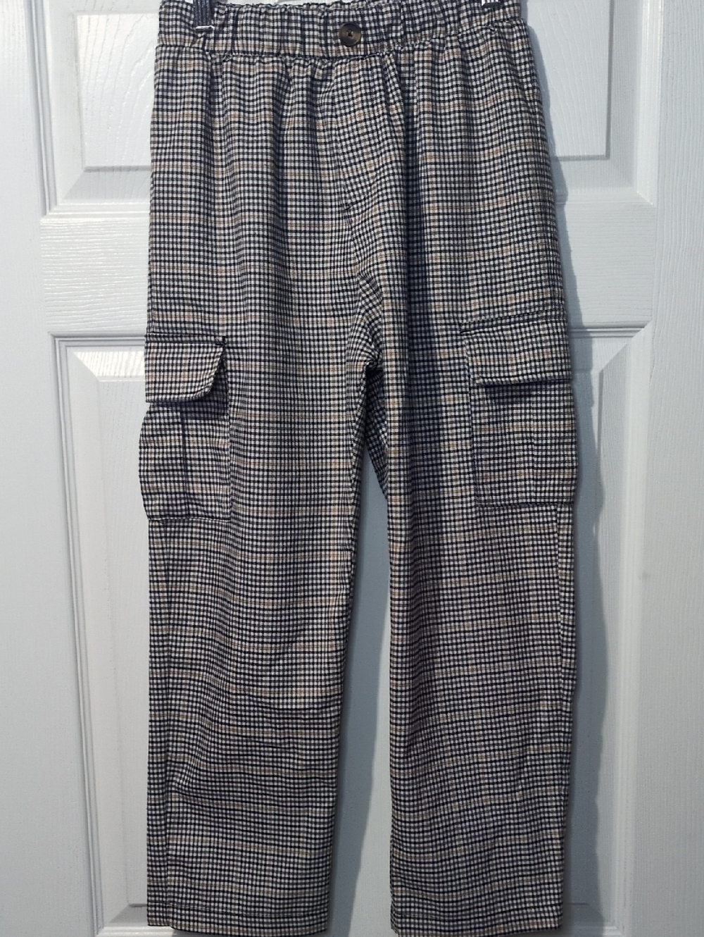 Girls 10/12 L Gray Straight Leg Checker Cargo Pants Classic Button Loose Flowy